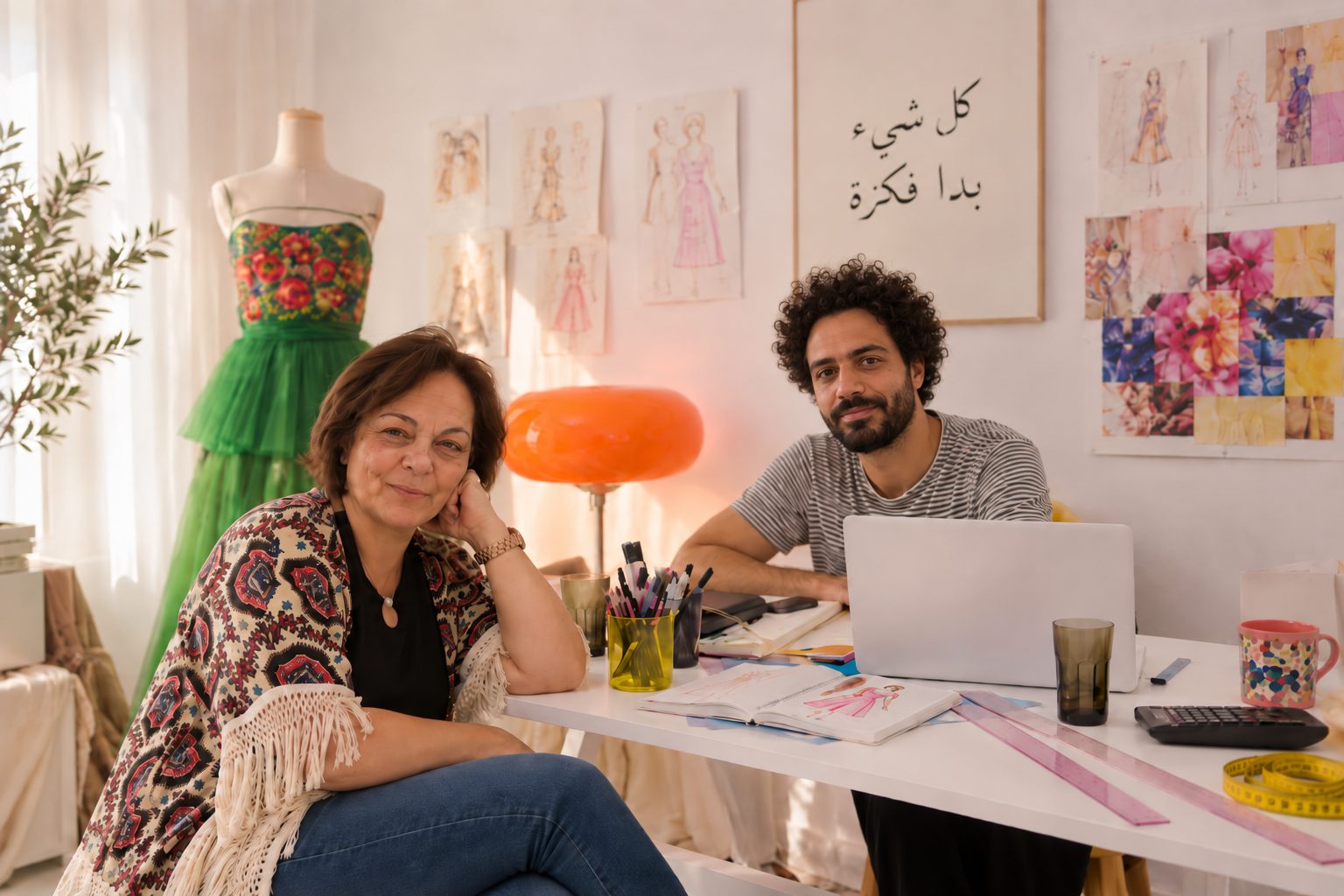 Deux créateurs dans leur atelier, entourés de croquis et d'une robe sur mannequin